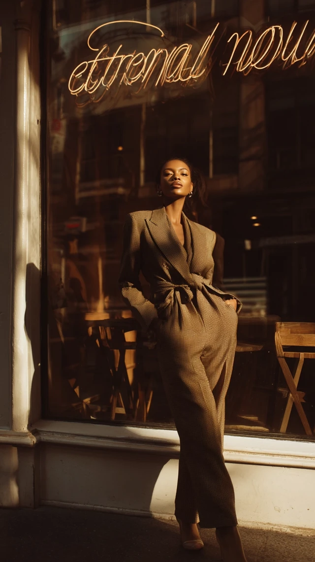 African Model in Calvin Klein Pantsuit at Cafe