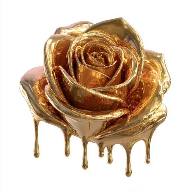 3D Gold Rose Dripping Liquid Metal Art
