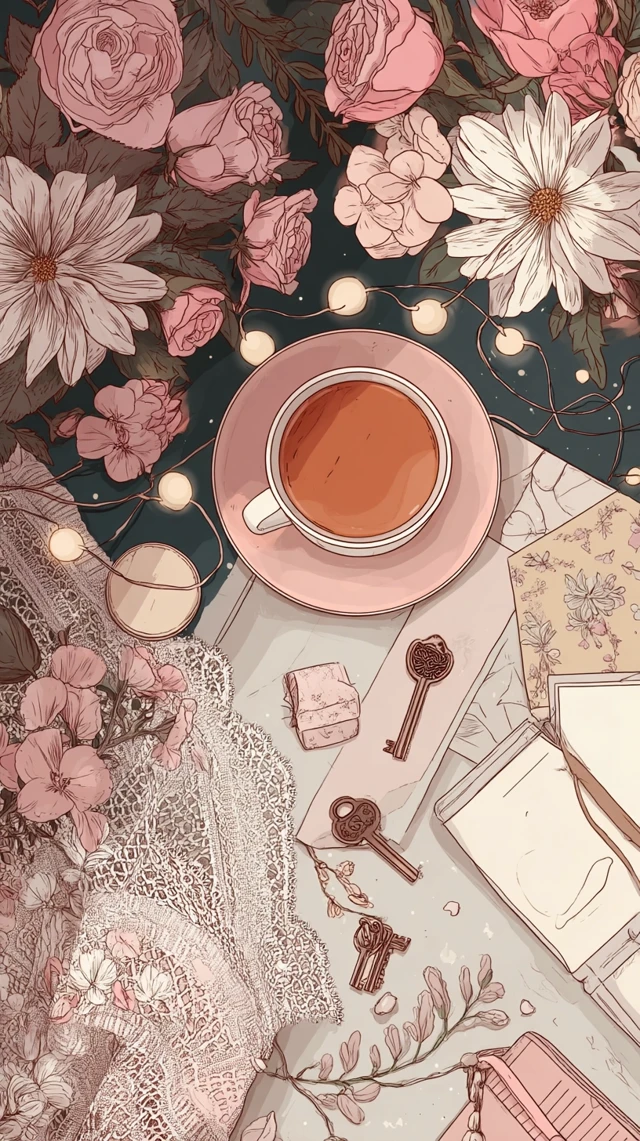 Cottagecore Flatlay Illustration: Flowers Tea and Lace
