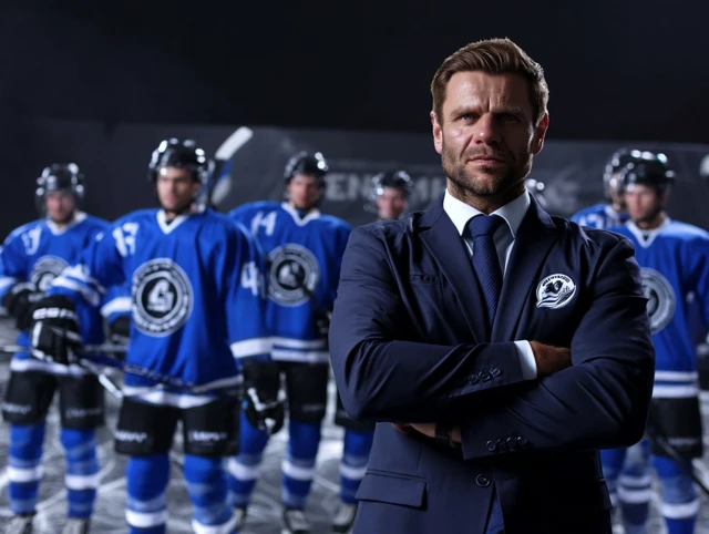 Hockey Coach Leading Team Heroic Portrait