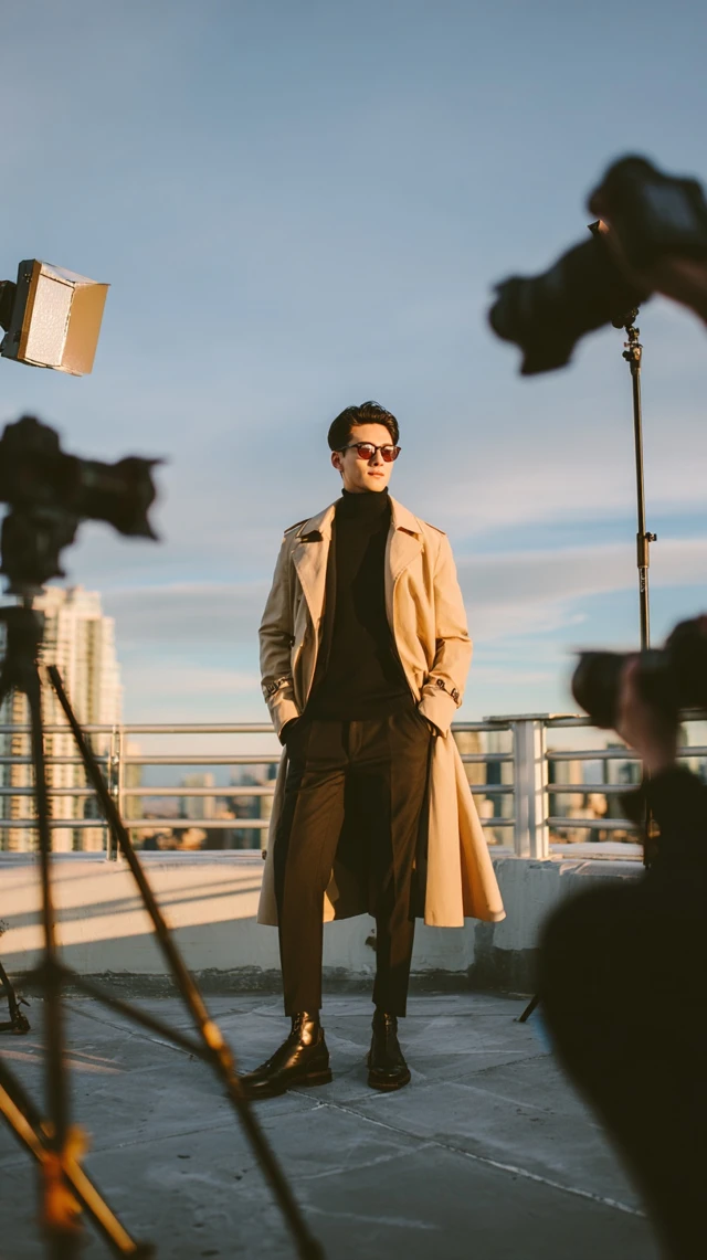 Stylish Man in Trench Coat Rooftop Photoshoot