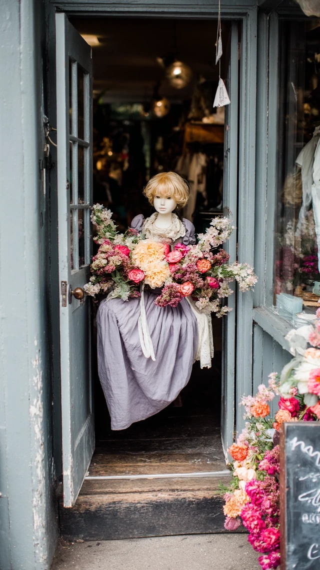 Doll Girl at Flower Shop Entrance