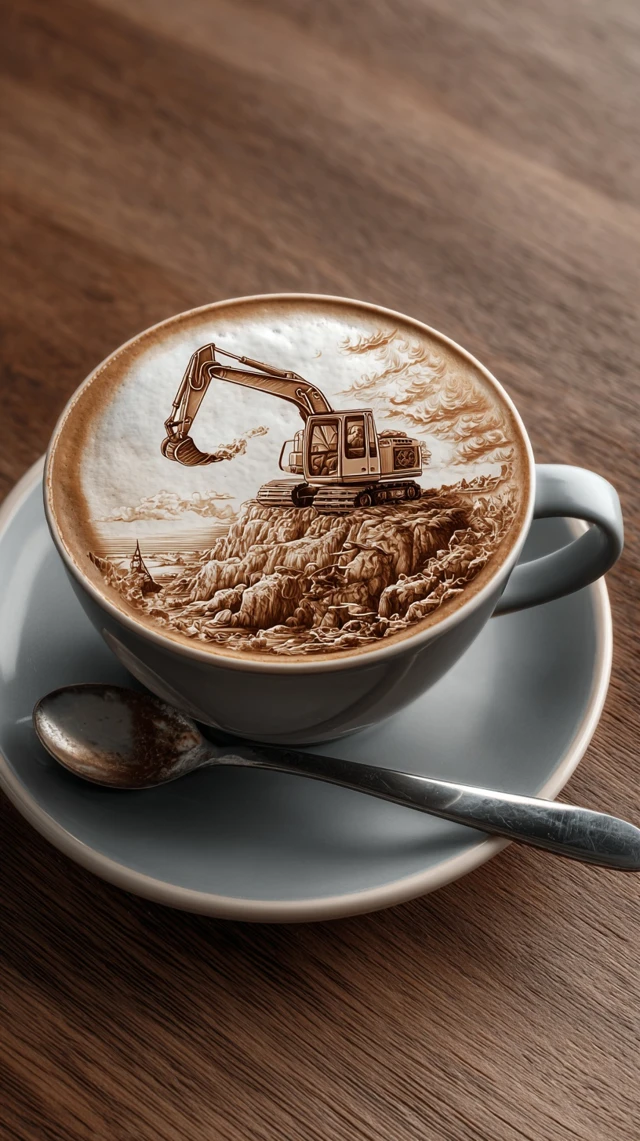 Latte Art Excavator Coffee Cup Design