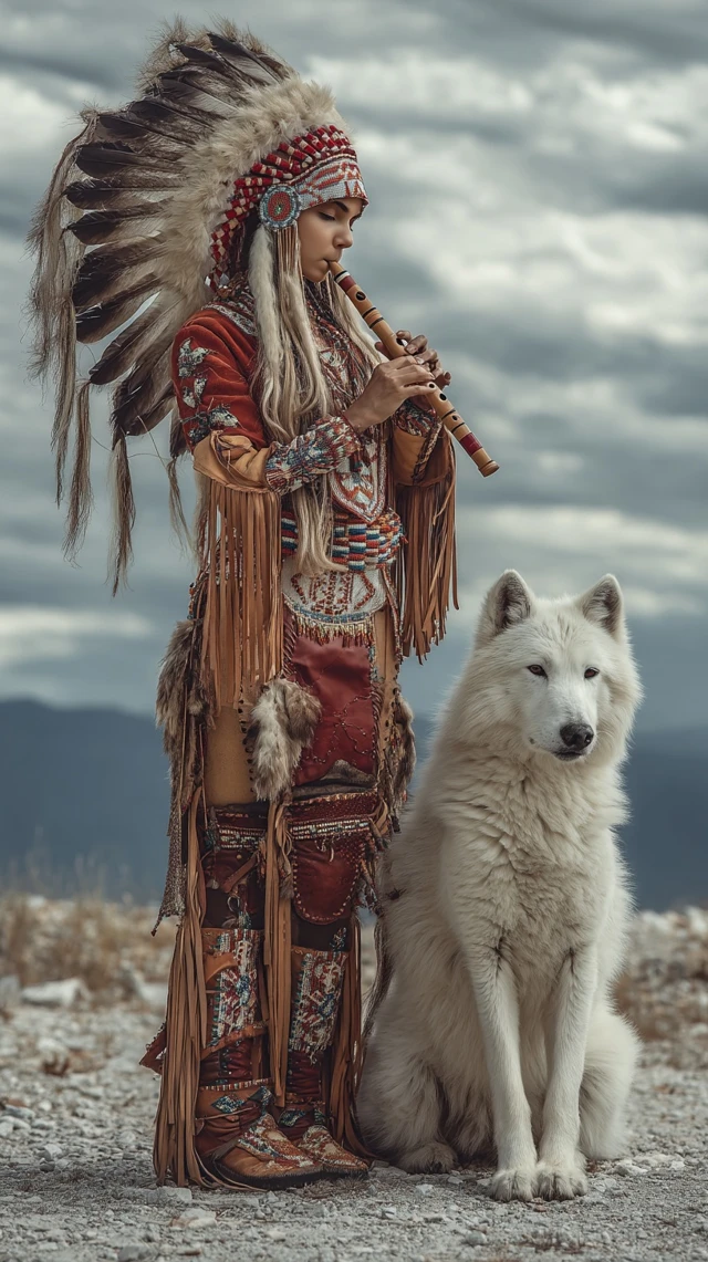Native American Woman and White Wolf
