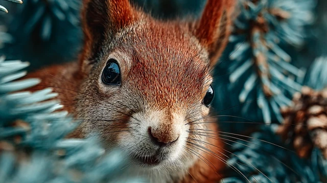 Hyperrealistic Red Squirrel on a Pine Branch Wildlife