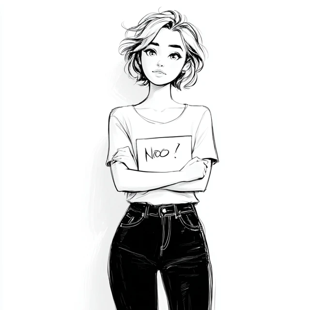 Teen Girl Protest Sign Black Line Art