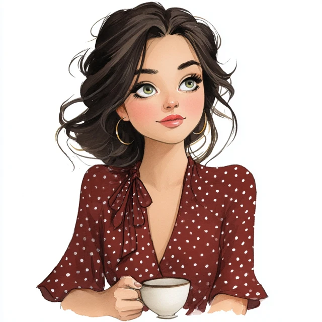 Watercolor Portrait of a European Girl with Coffee