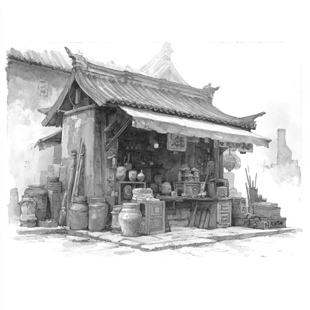 Ancient Chinese Pawn Shop Ink Wash Art