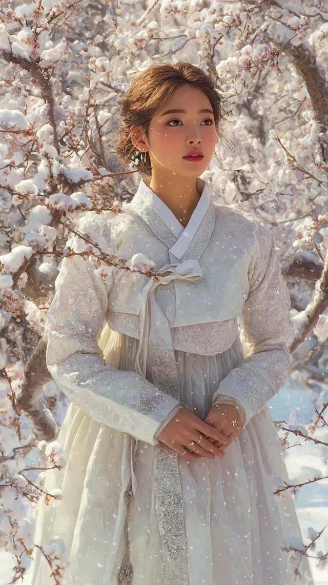 Korean Woman in Hanbok Under Plum Blossoms