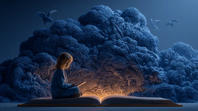 Girl Reading a Book with Dream Creatures 8k