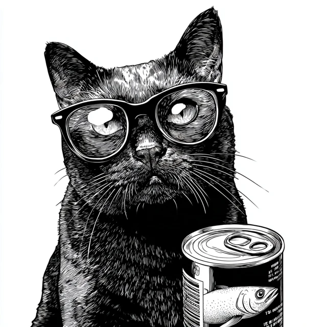Cat with Eyeglasses Judging Tuna Can Funny Vector