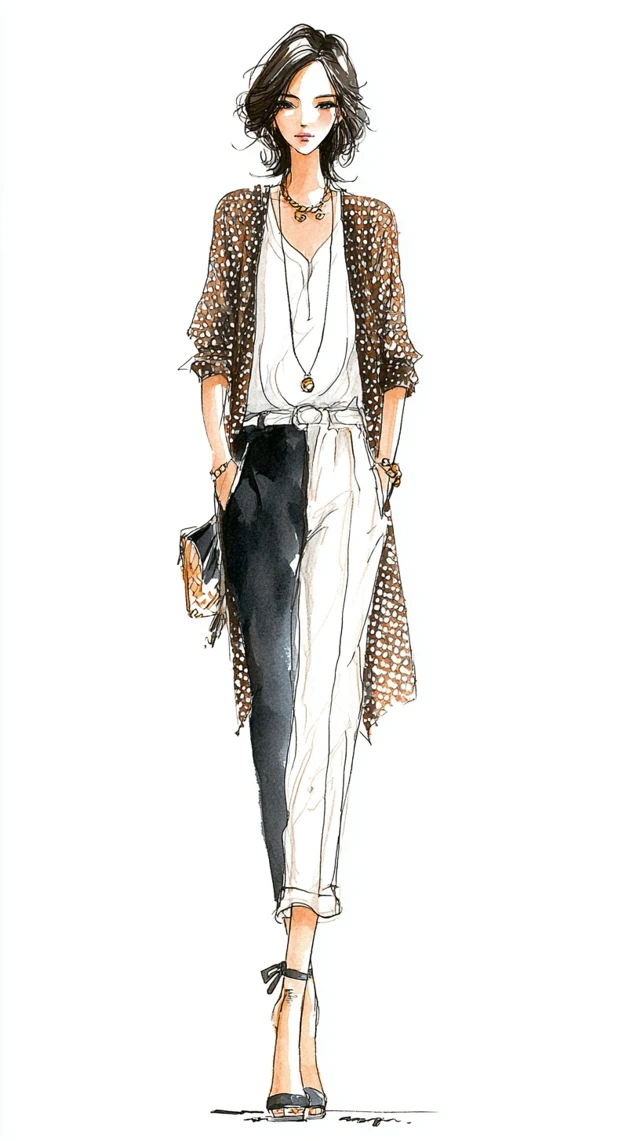 Fashion Illustration Hand Drawn Model in Modern Outfit