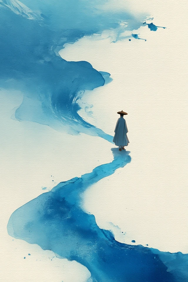 Chinese Watercolor Painting Solitary Traveler