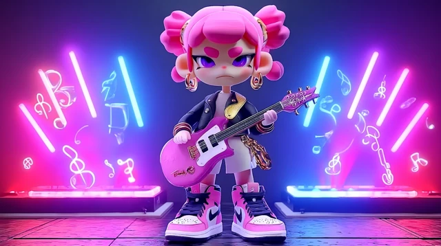 Pink Haired Guitarist on Stage 3D Cartoon