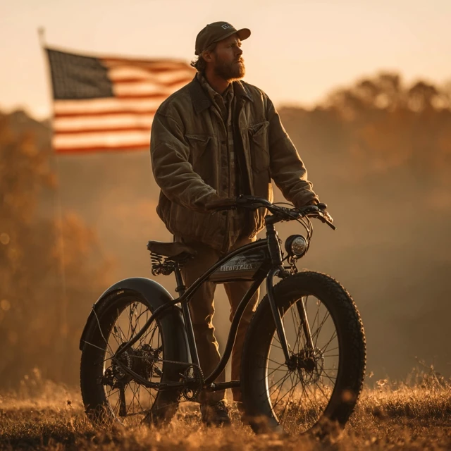 American Patriot on Vintage Electric Bike Outdoors