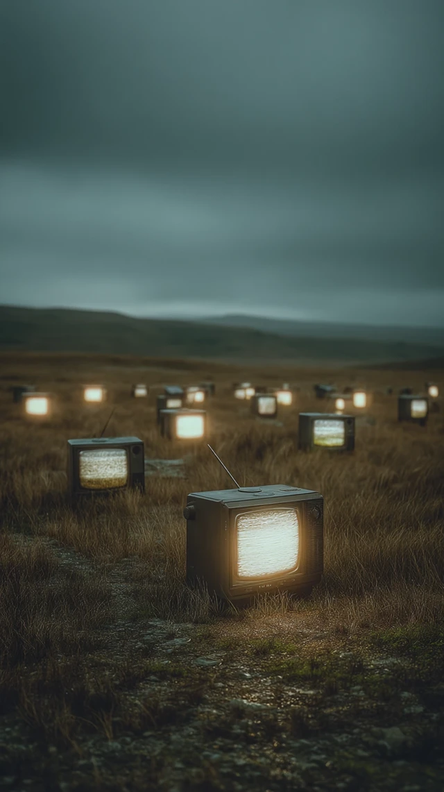 Eerie Field of Vintage TVs Cinematic Surreal Scene