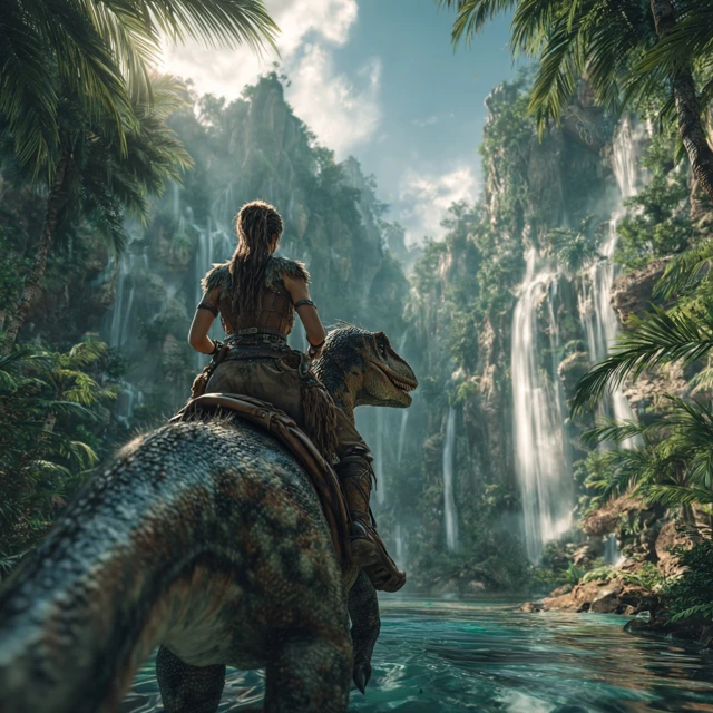 Cavewoman Rides Velociraptor in Prehistoric Rainforest