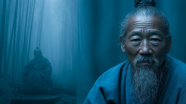 Ancient Chinese Man in Bamboo Forest Portrait
