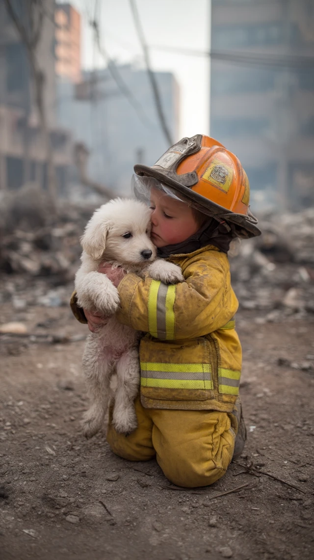 Firefighter Kid Hugs Puppy