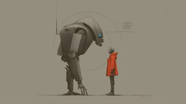 Human and AI Robot Meeting Painting Sketch