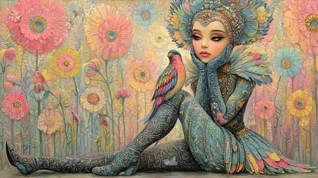 Whimsical Art Deco Dreamscape Little Girl Bird