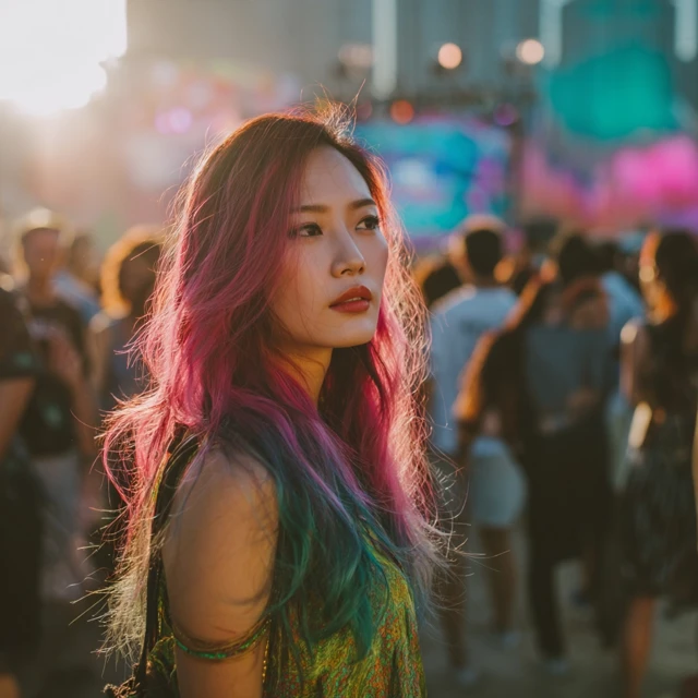 Asian Woman with Neon Hair in a Crowd