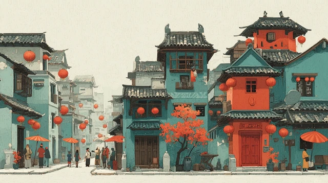 Thai Chinese Village Artistic Illustration