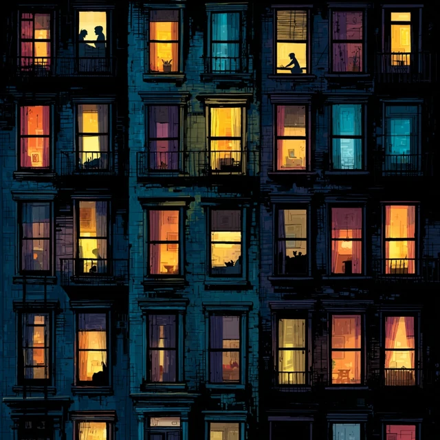 Apartment Facade Night View with Stories in Each Window