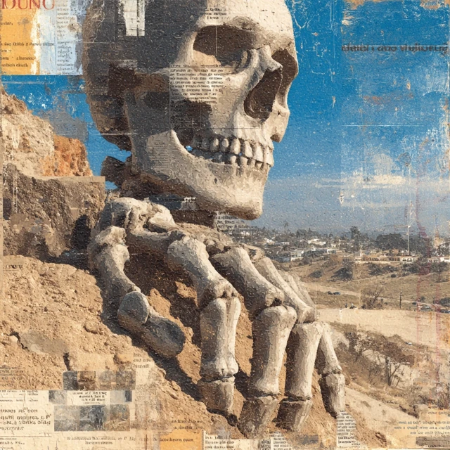 Artistic Collage of Hand Skeleton Coming Out of Ground