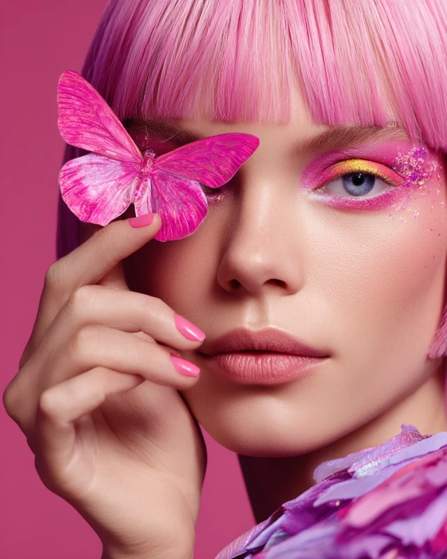 Pink Butterfly and Woman Fashion Photography
