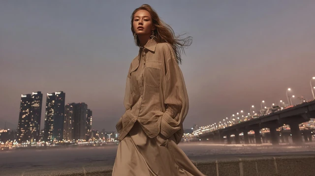 Fashion Photo Model in Seoul Han River at Twilight