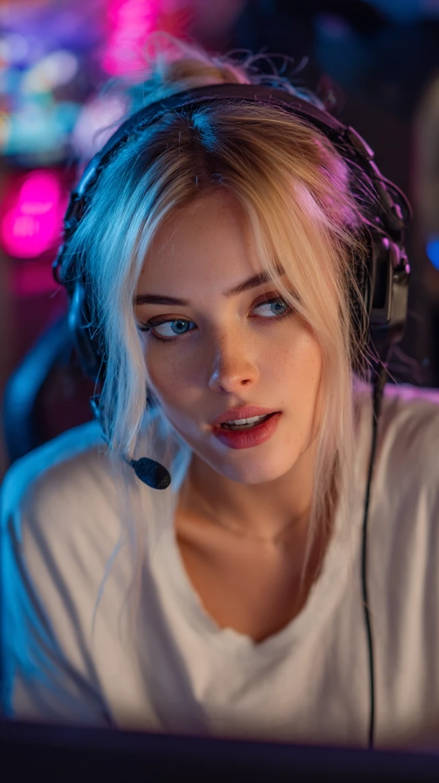 Blonde Female Streamer in Gaming Room
