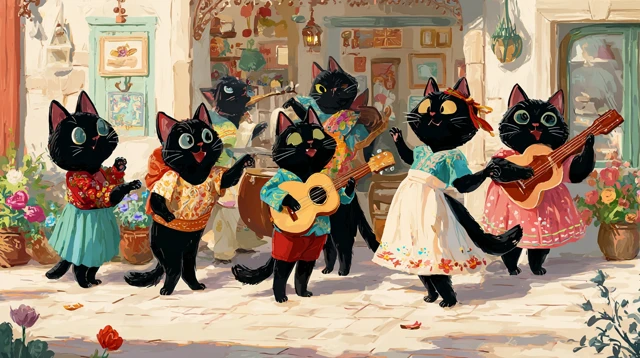 Cats Playing Bossa Nova Seaside Town Art
