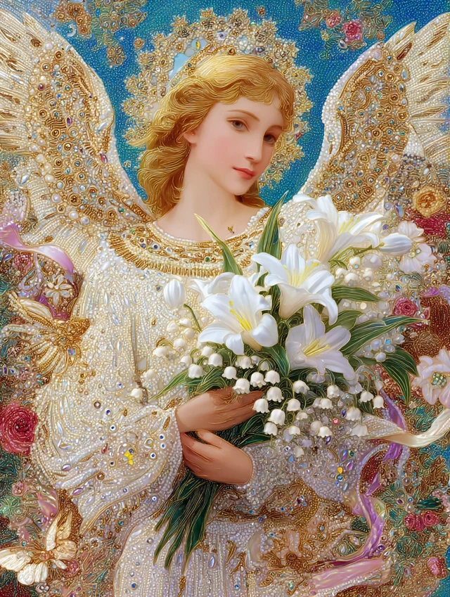 Angel with Roses and Lilies Diamond Painting