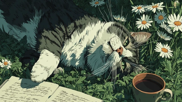 Cozy Cat in a Daisy Field Illustration