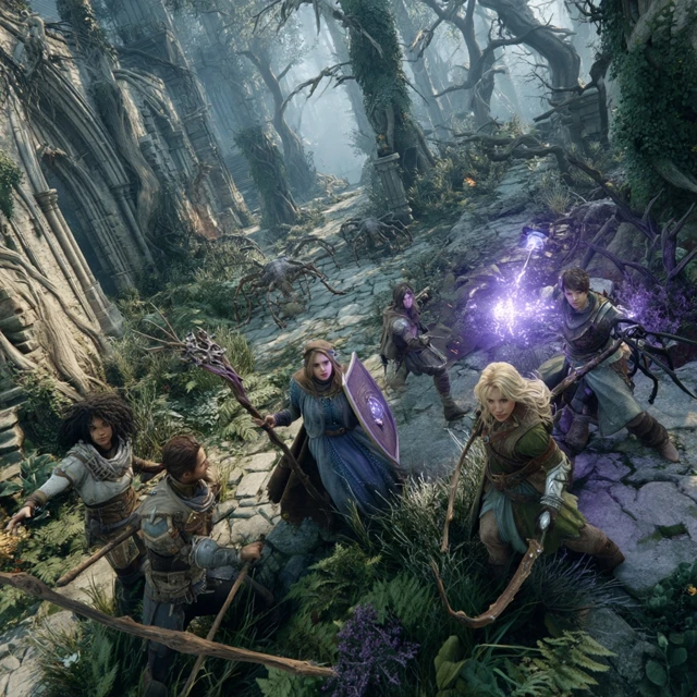 Fantasy Adventurers in Forest Ruins Battling Spiders
