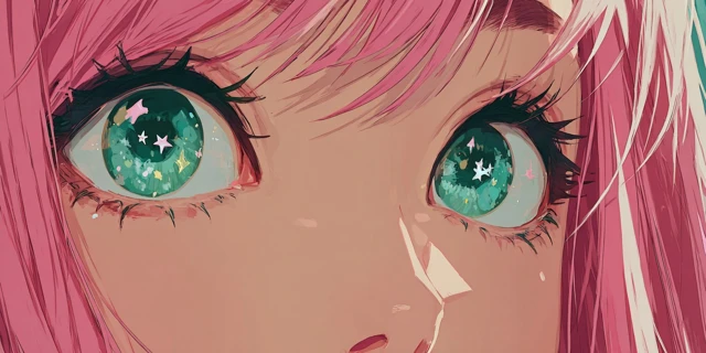 Anime Eyes with Pastel Pink Hair and Teal Green Eyes