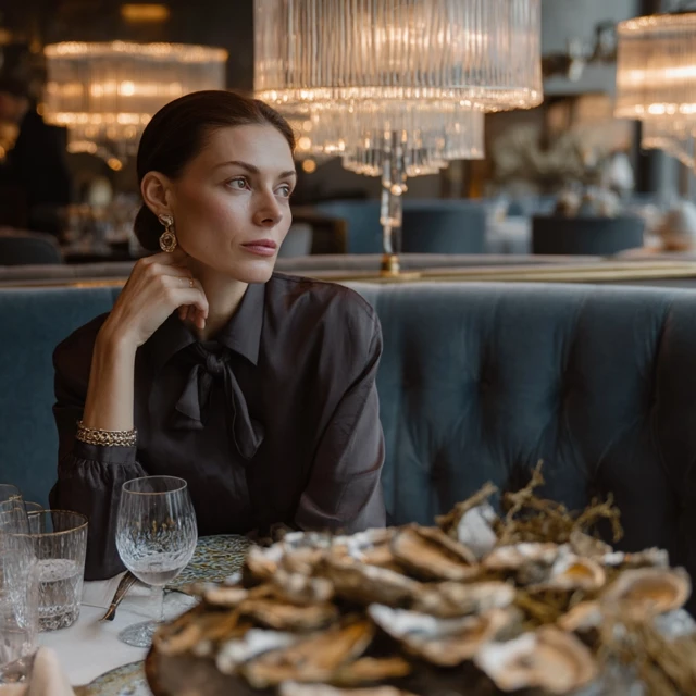 Woman in Luxury Restaurant with Oysters