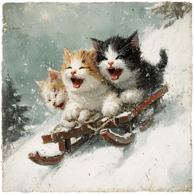 Smiling Kittens Sledding in the Snow Painting