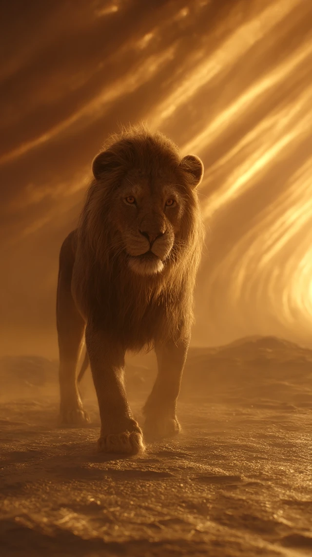 Majestic Golden Lion in a Dramatic Storm Realistic Art