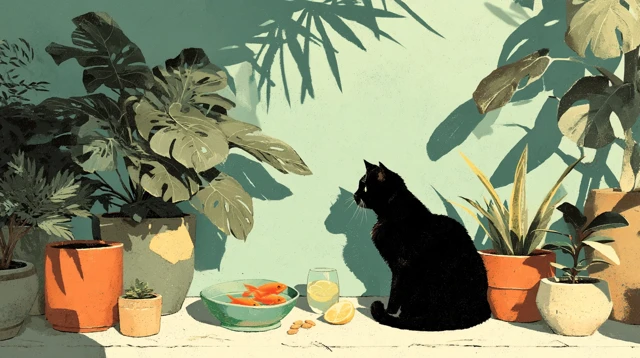 Cozy Cat Scene with Plants and Treats