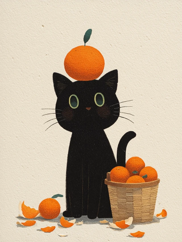 Cute Black Cat with Orange Fruit Art by Hyunjoo Jeon