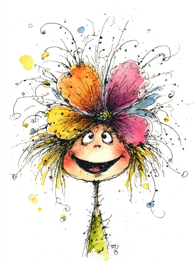 Happy Cartoon Girl with Flower by Ronald Searle