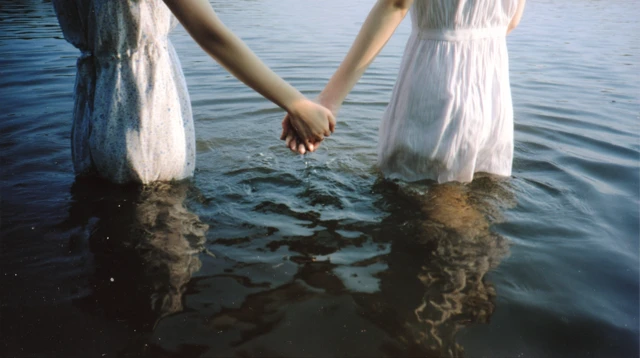 Japanese Lake Scene Two Young Women Vintage Film