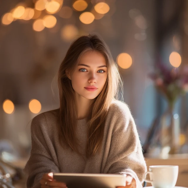 Young Woman in Cafe with Tablet Calm and Creative