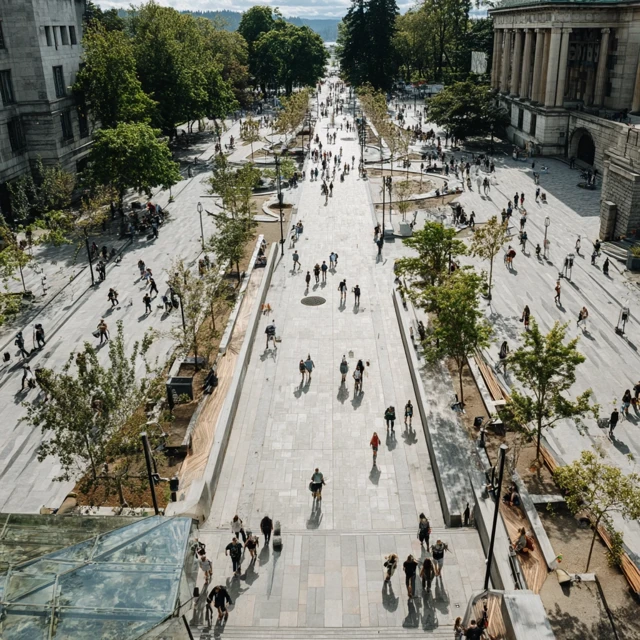 Pacific Northwest Plaza Bustling with People