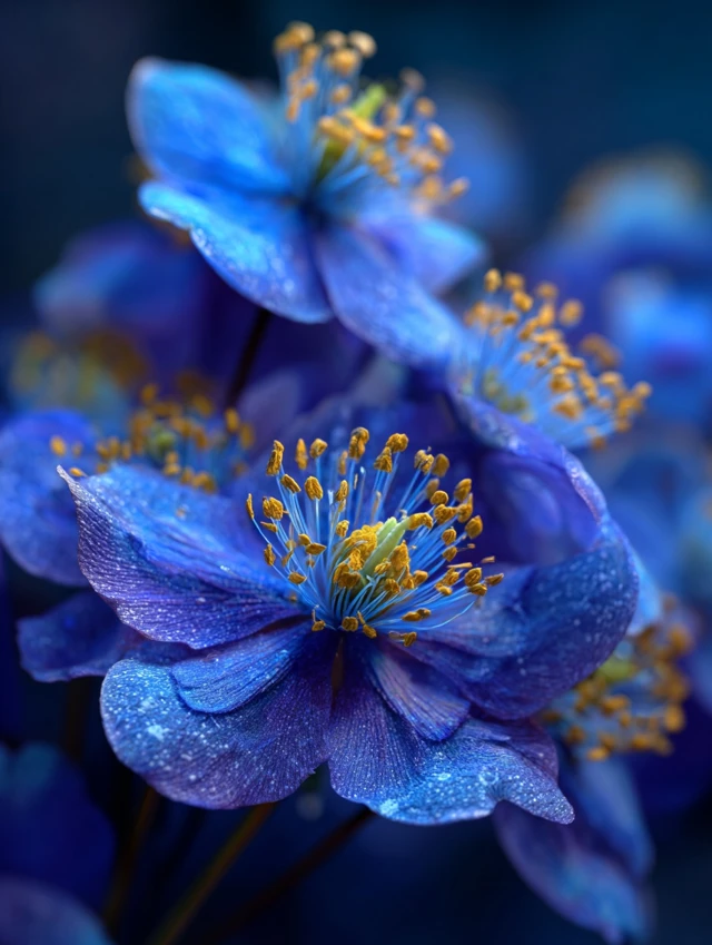 Blue Flowers with Golden Stamens Macro Photography