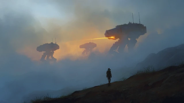 Mecha Battle on a Mountain Ridge at Dawn