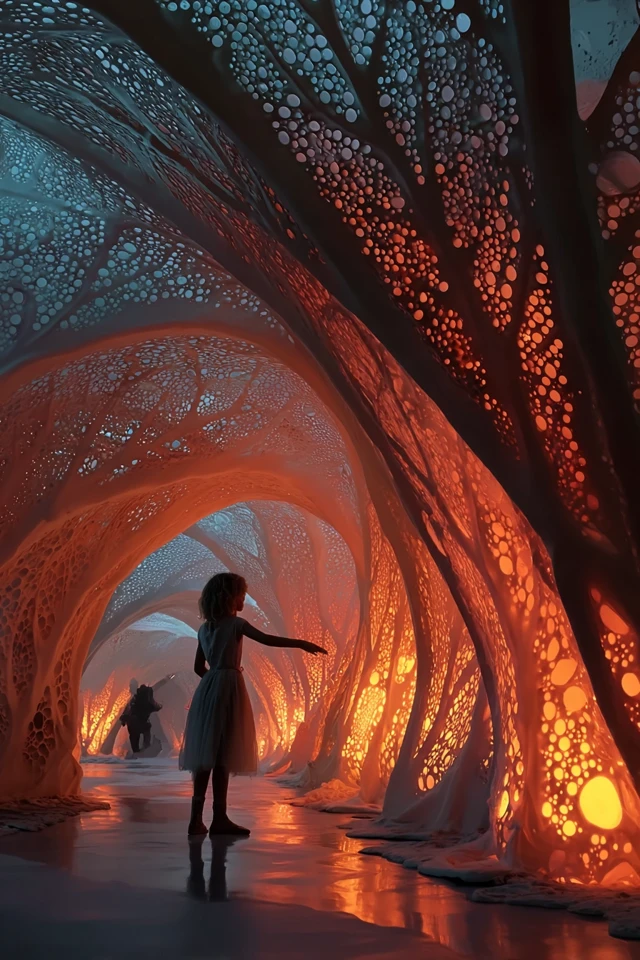 Girl in Mushroom Tunnel Exploring a Bioluminescent World