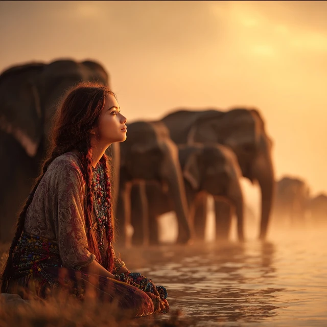 Sunrise with Elephants and Girl National Geographic Style